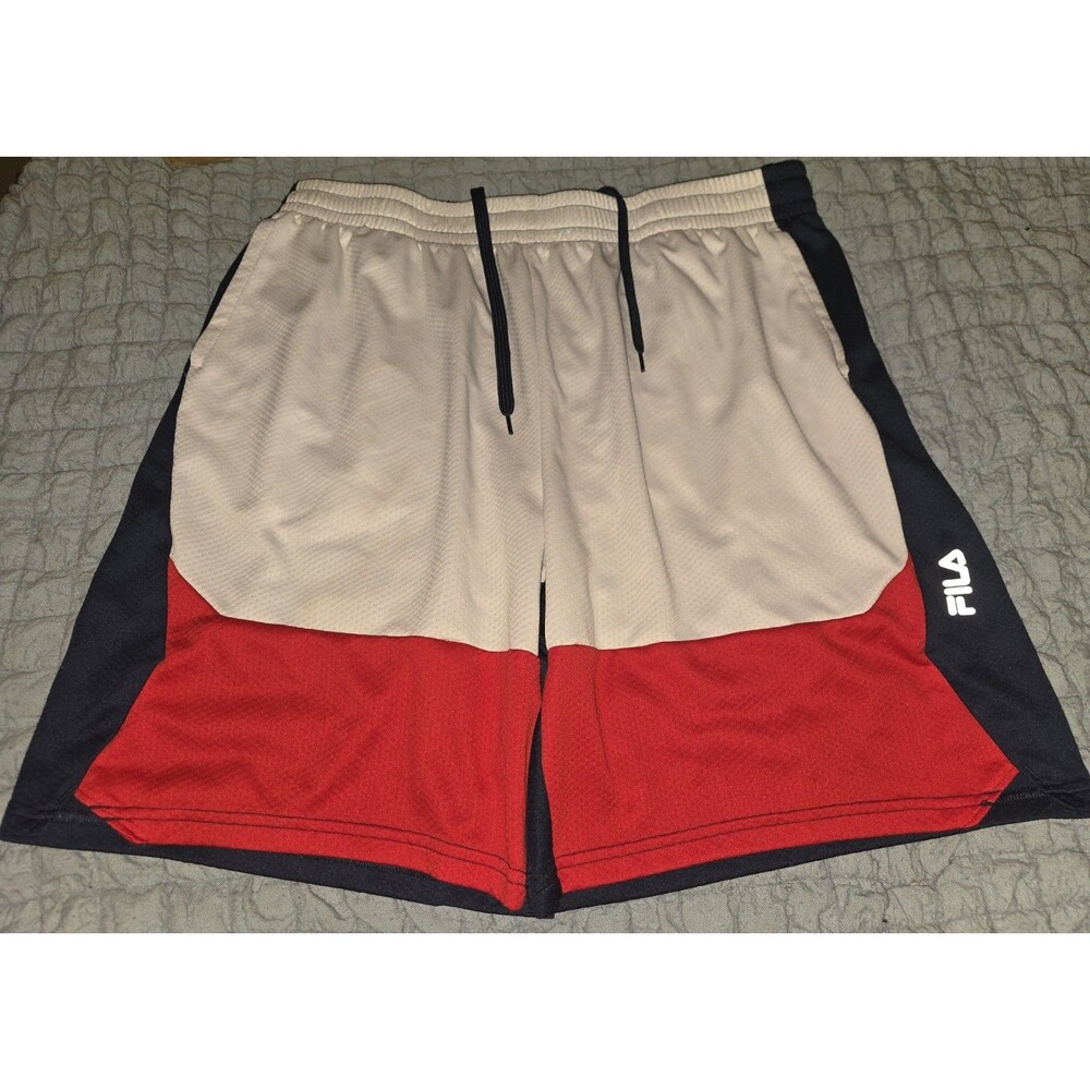 FILA Men's XL Athletic Basketball Shorts Red Gray Navy Drawstring Polyester